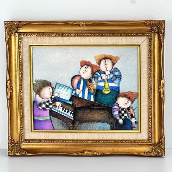 J. ROYBAL "CHILDREN MUSICIANS" FRAMED CANVAS ART PAINTING SIGNED - Picture 1 of 11